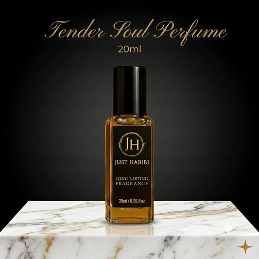 Just Habibi Tender Soul Perfume – 20ml travel-size bottle on a marble surface with dark luxury background"