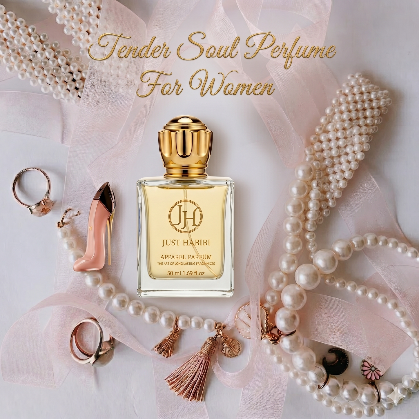 Perfume bottle with jewelry and text -Tender Soul Perfume on a soft background