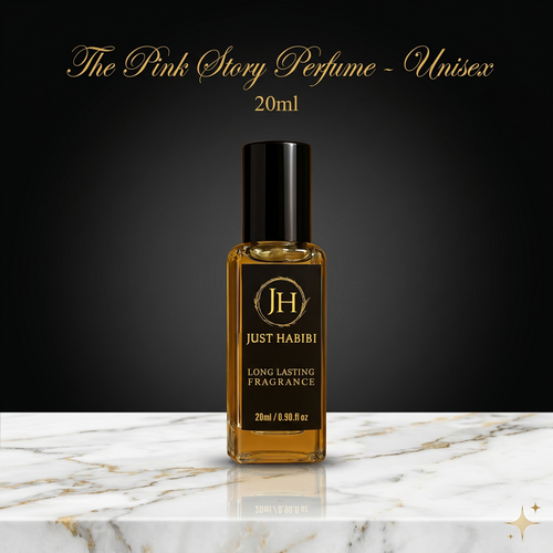 Just Habibi perfume bottle on a marble surface with a dark background