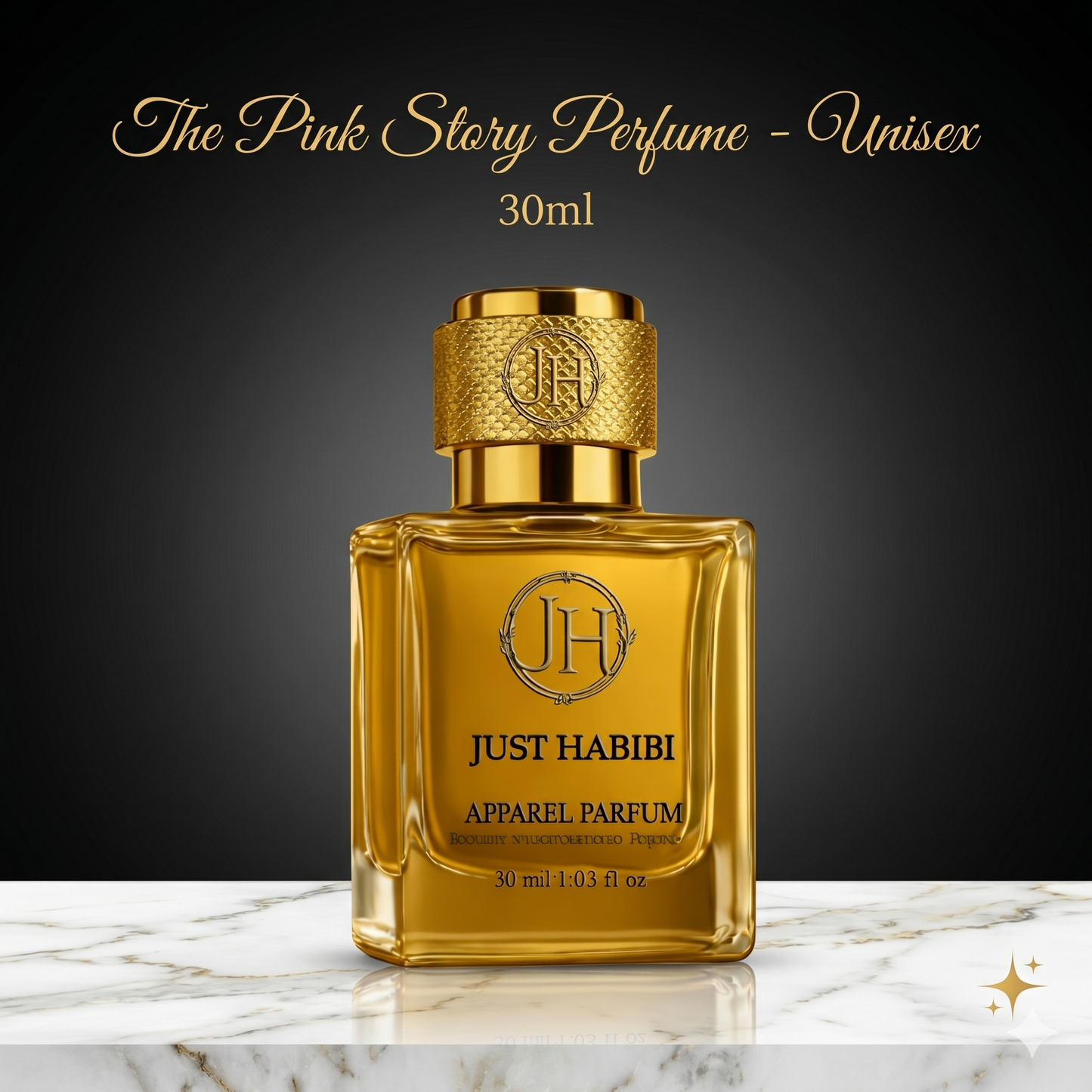Gold perfume bottle with gold cap on a marble surface and dark background