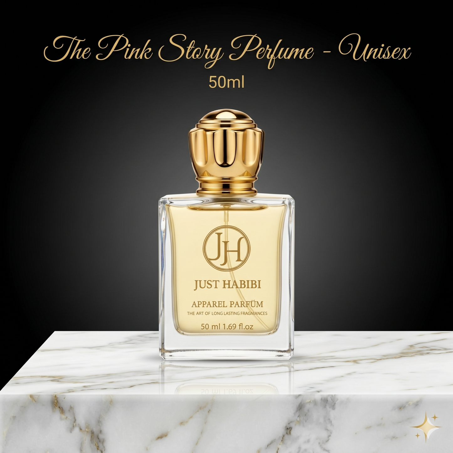 Just Habibi perfume bottle on a marble surface with a dark background