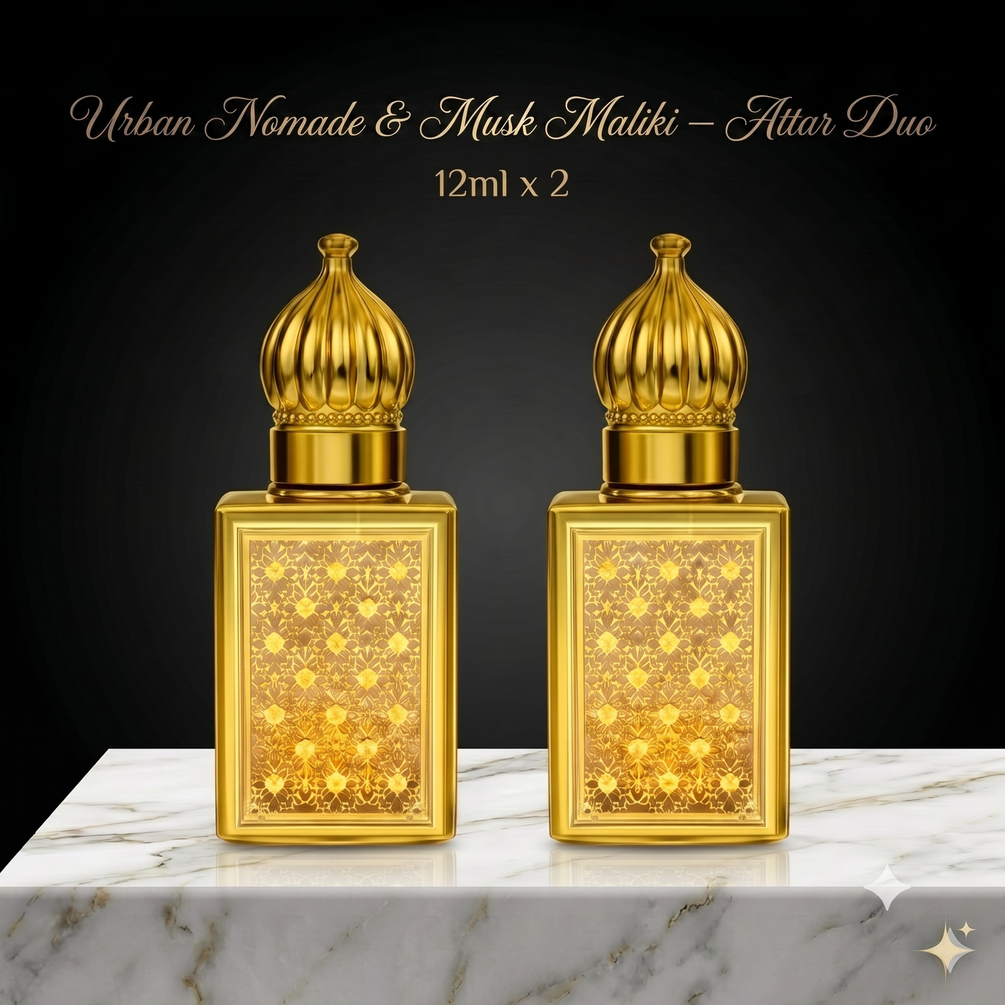 Two gold perfume bottles with intricate designs on a marble surface and black background.
