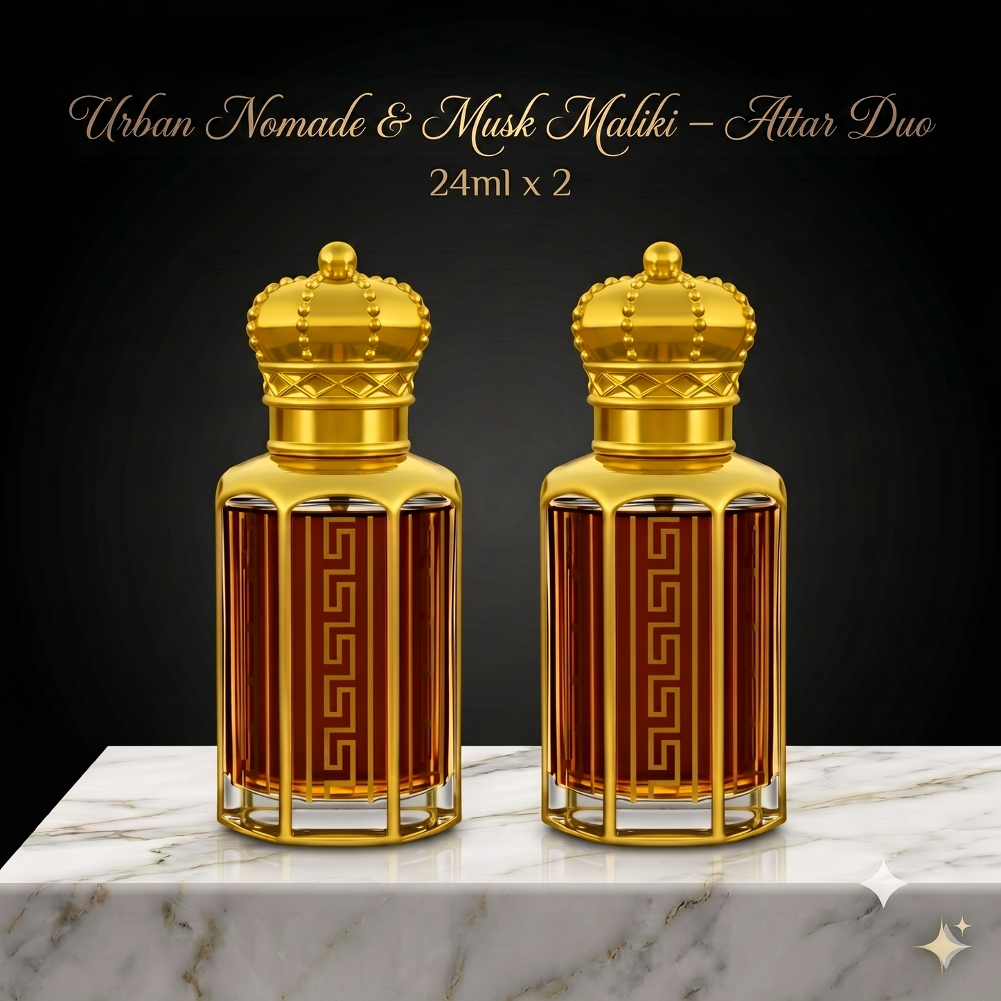 Two gold perfume bottles with a dark background