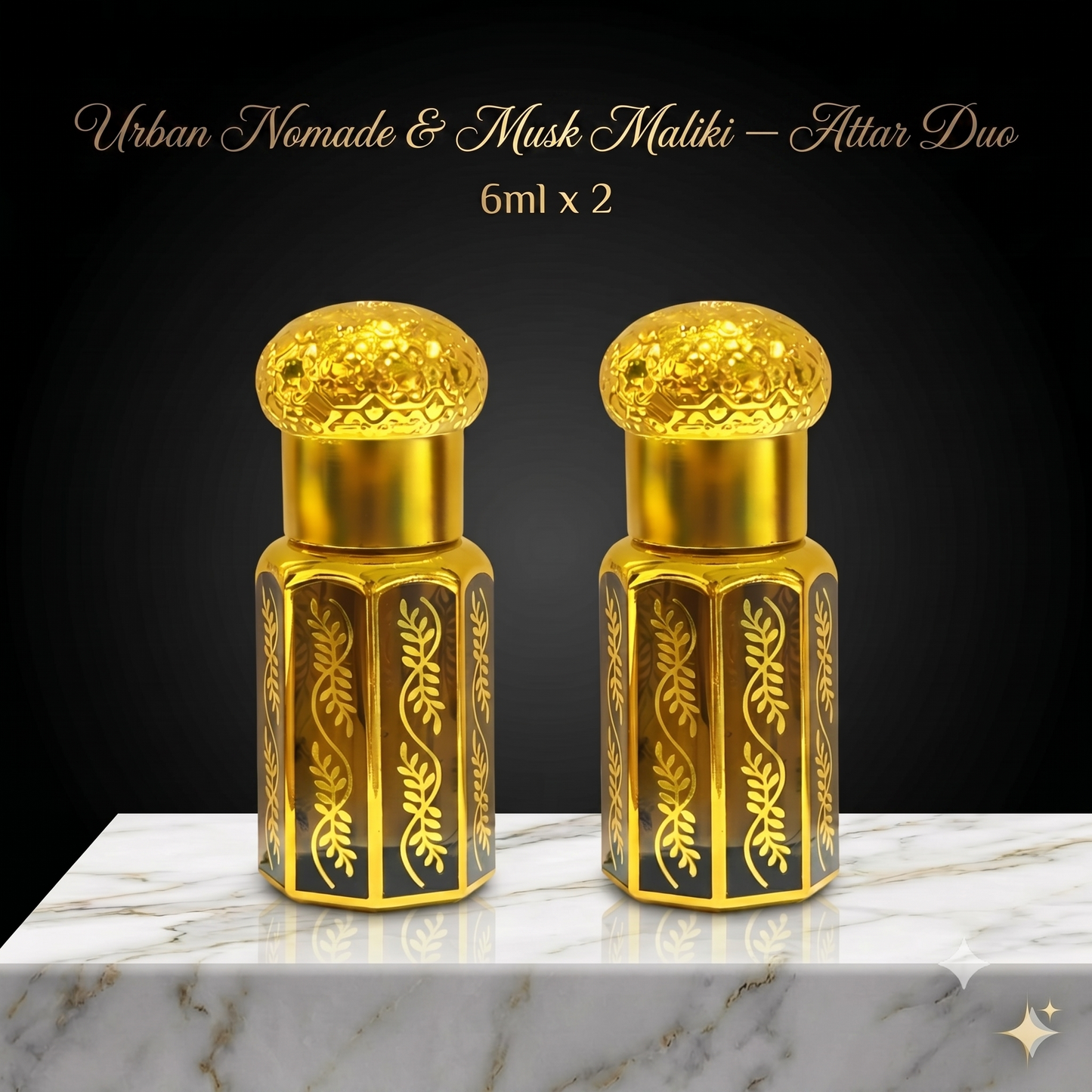 Two gold perfume bottles with intricate designs on a marble surface and black background.