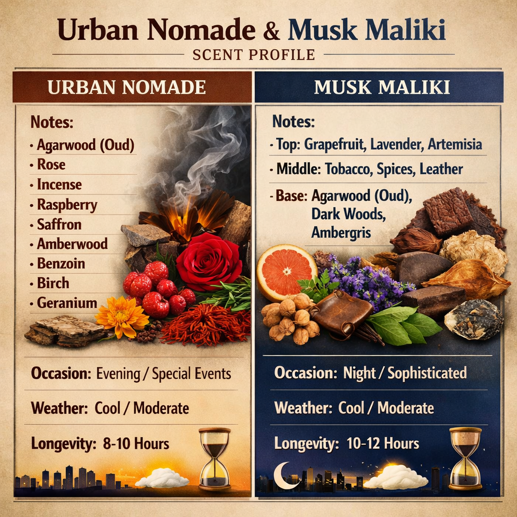 Scent profile comparison chart for 'Urban Nomade' and 'Musk Maliki' scents with visual elements of ingredients.