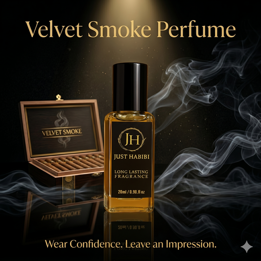 Just Habibi Velvet Smoke perfume bottle with packaging on a dark background