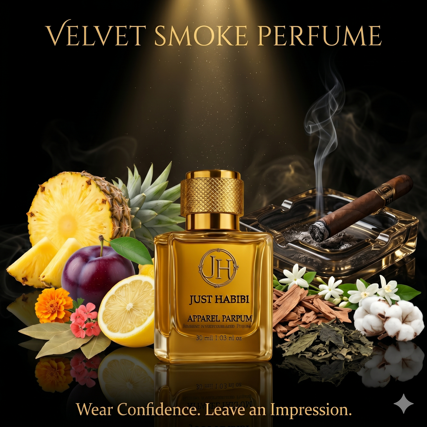 Gold perfume bottle with smoking accessories and fruits on a dark background. Velvet Smoke Perfume-just Habibi