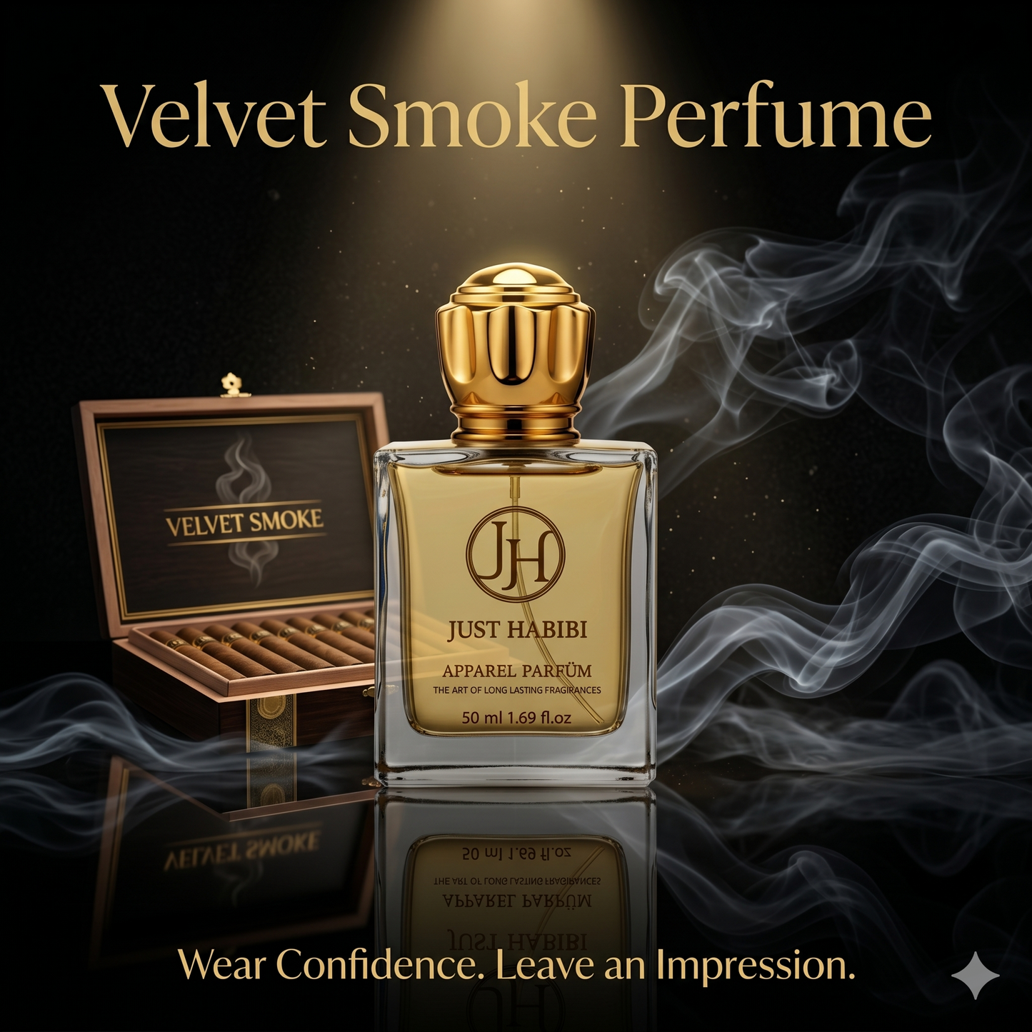 Just Habibi Velvet Smoke perfume bottle with gold cap and packaging on a dark background.