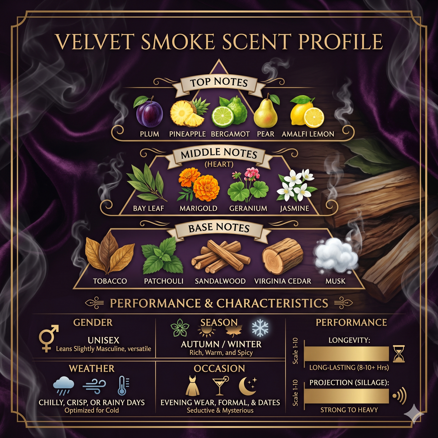 Velvet Smoke Scent Profile with top, middle, and base notes on a dark background