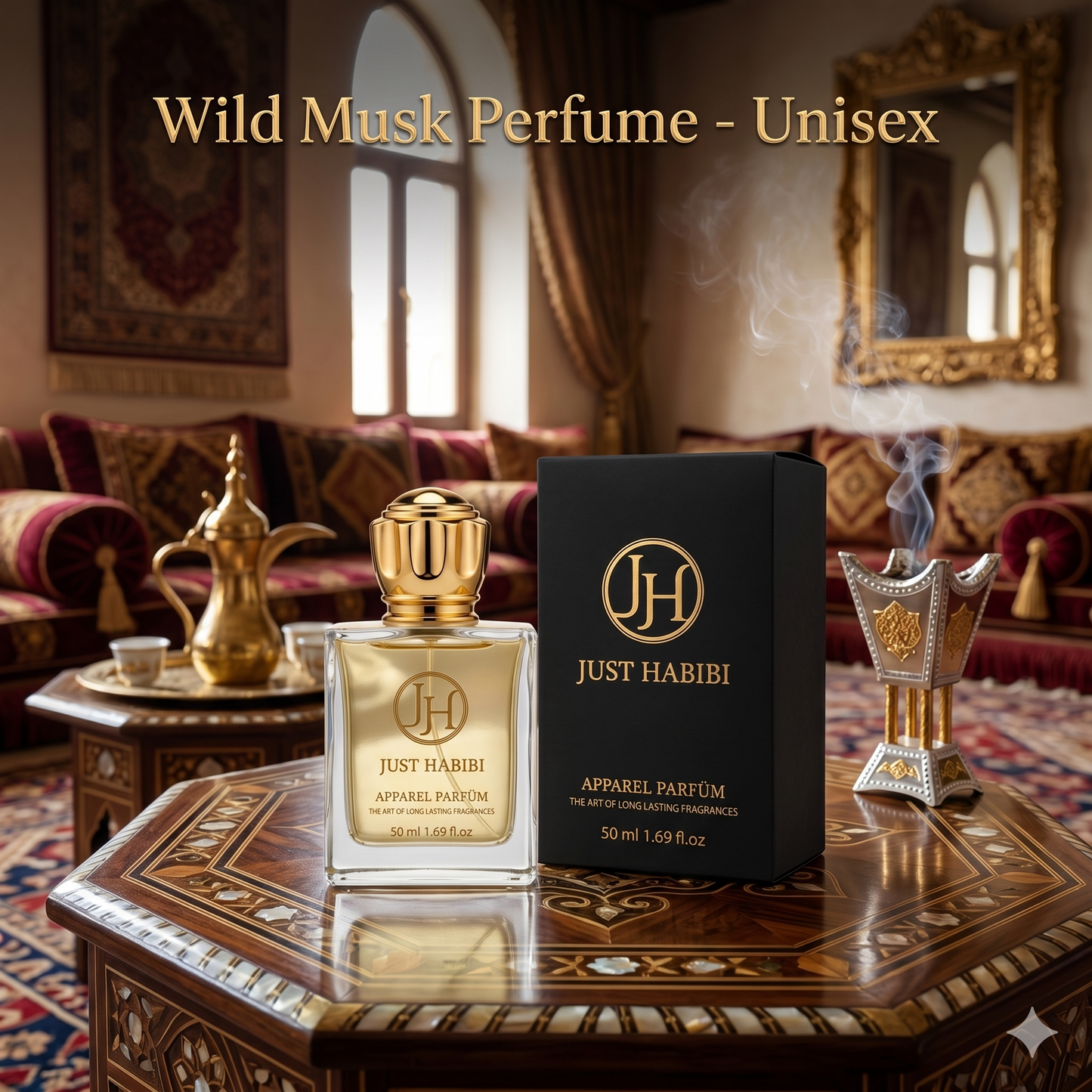 Just Habibi Wild Musk perfume bottle and packaging on a decorative table with a traditional setting.