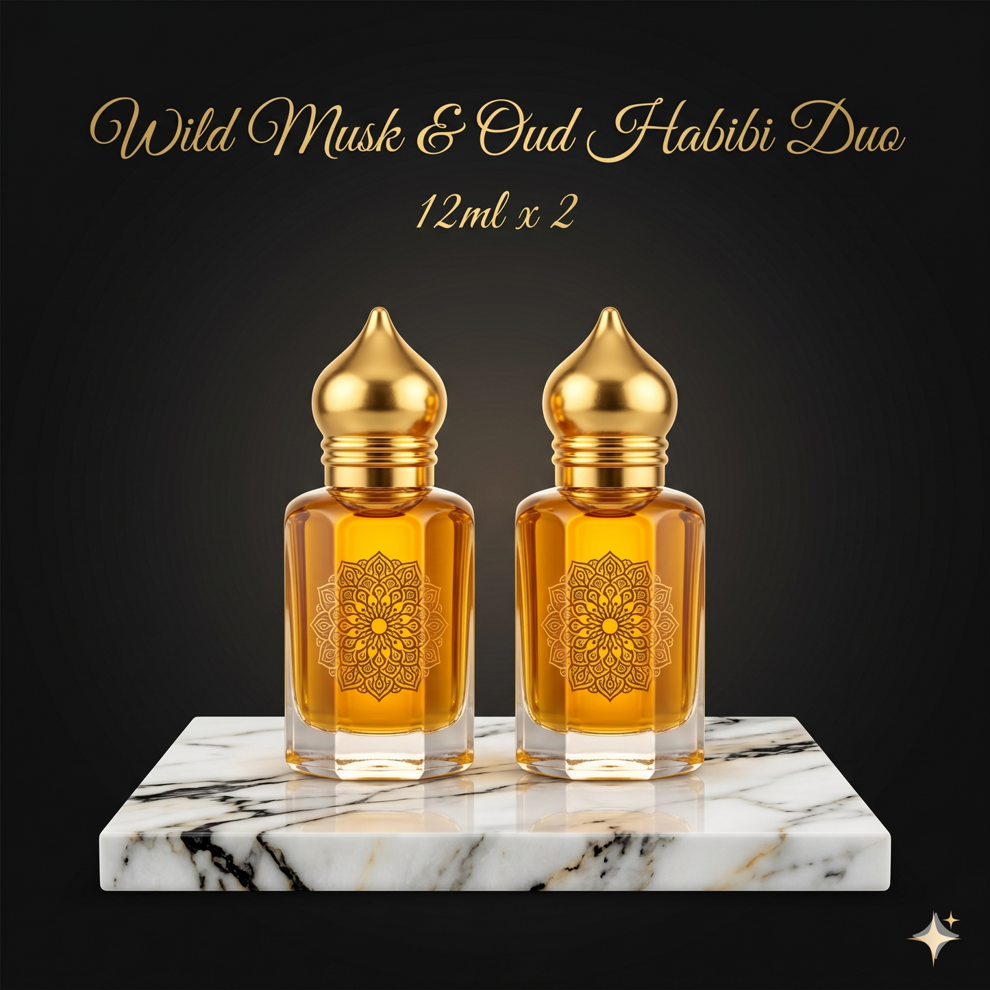 Two gold-capped perfume bottles with intricate designs on a marble surface against a dark background.