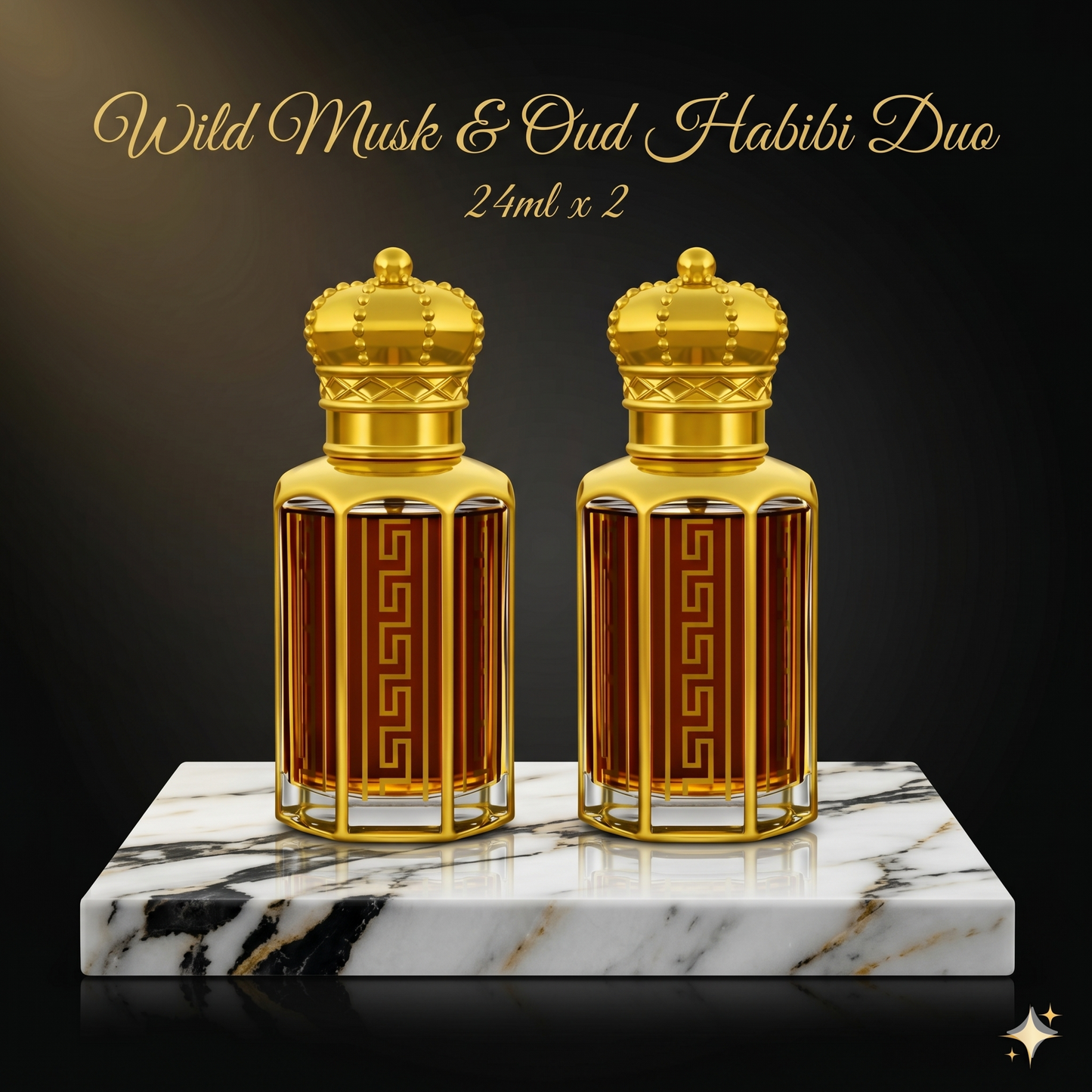 Two gold and brown perfume bottles on a marble surface with 'Wild Musk & Oud Habibi Duo' text.