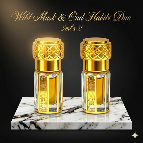 Two gold and clear perfume bottles on a marble surface with text 'Wild Musk & Oud Habibi Duo' above.