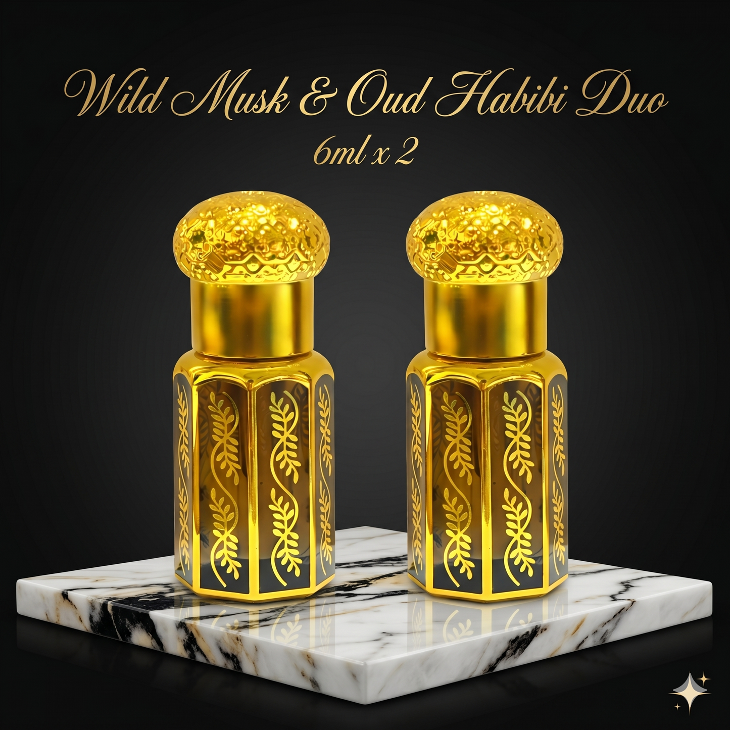 Two gold and black perfume bottles on a marble surface with text 'Wild Musk & Oud Habibi Duo' above.
