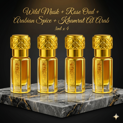 Four gold and glass perfume bottles on a marble surface with text describing the scents.