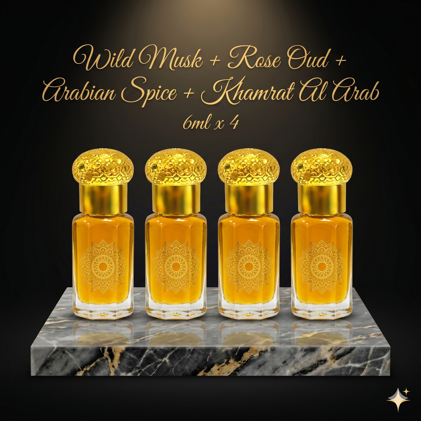 Four gold-framed perfume bottles with a dark background and text listing ingredients.