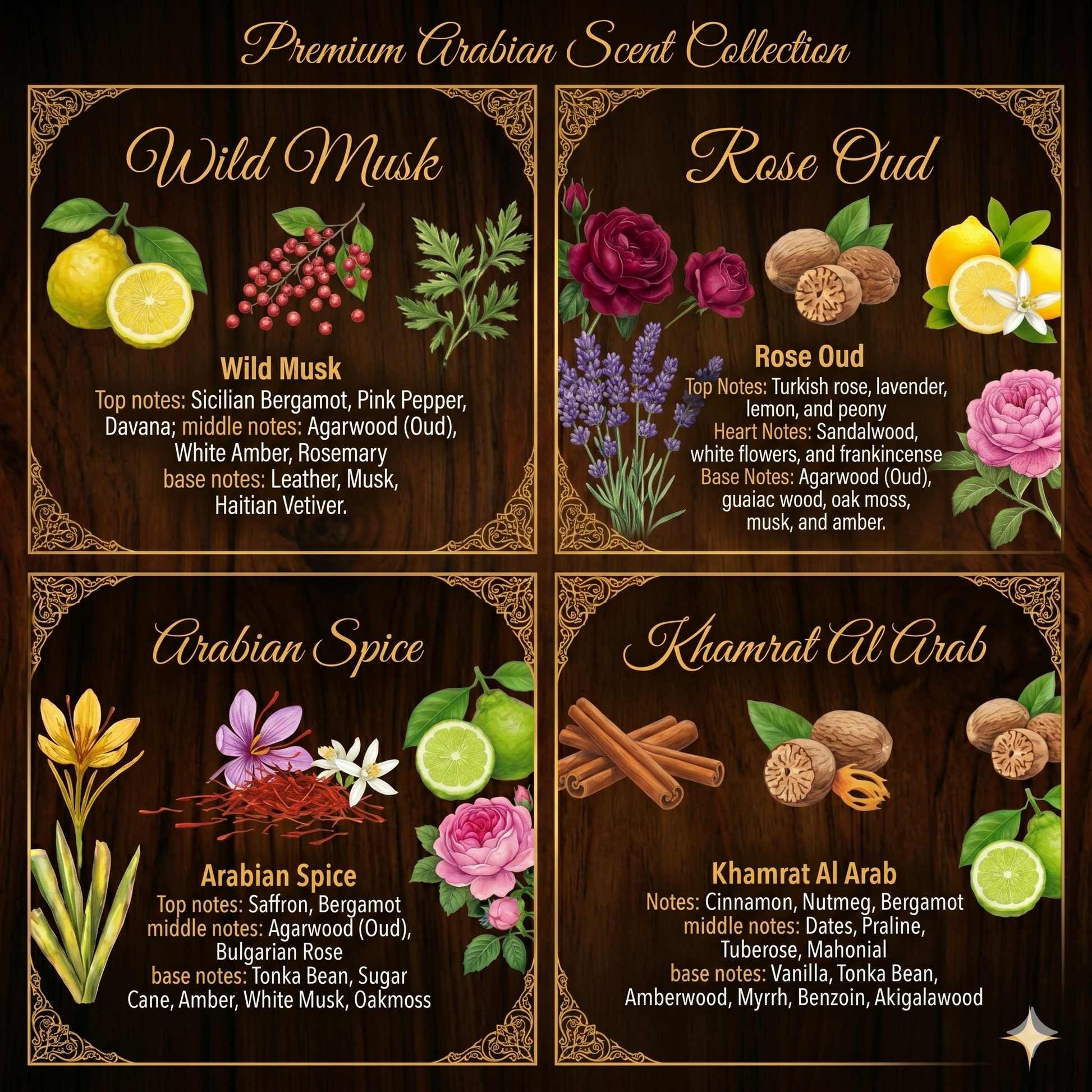 Promotional graphic for a Premium Arabian Scent Collection with scents like Wild Musk, Rose Oud, Arabian Spice, and Khamrat Al Arab.