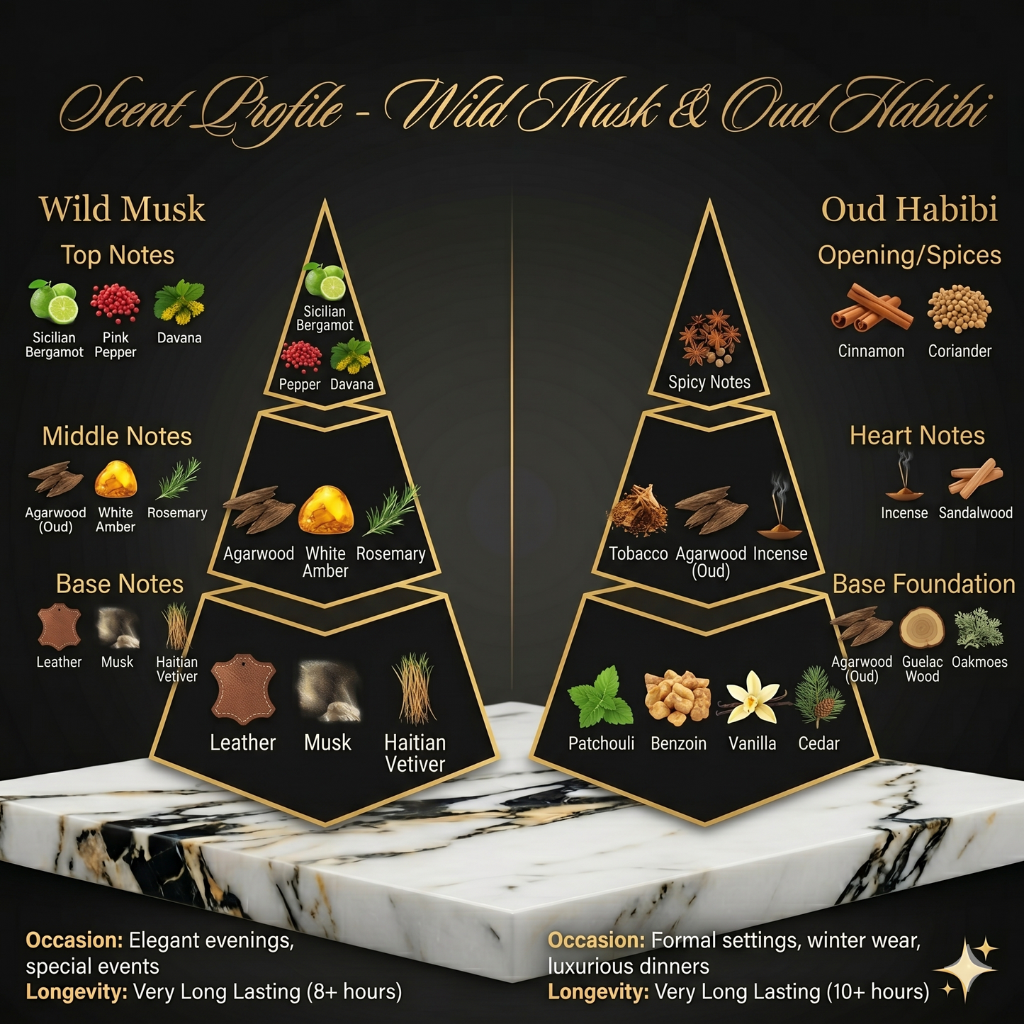 Scent profile pyramid for Wild Musk & Oud Habibi with notes on top, middle, and base notes.