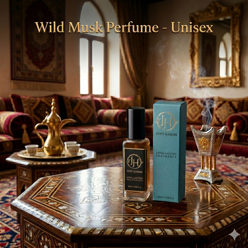 Perfume bottle and packaging on a wooden table with a traditional decor background