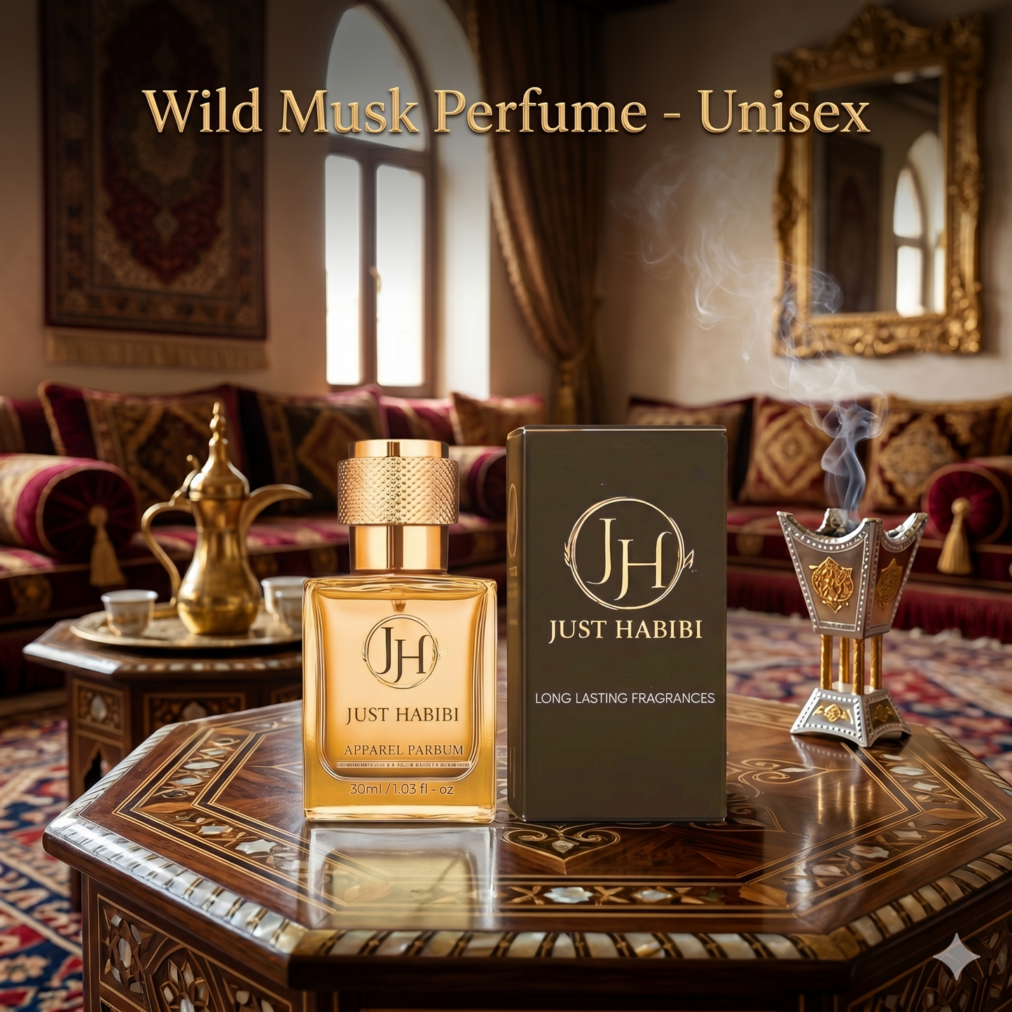 Just Habibi Wild Musk perfume bottle and packaging on a decorative table with a traditional interior background.