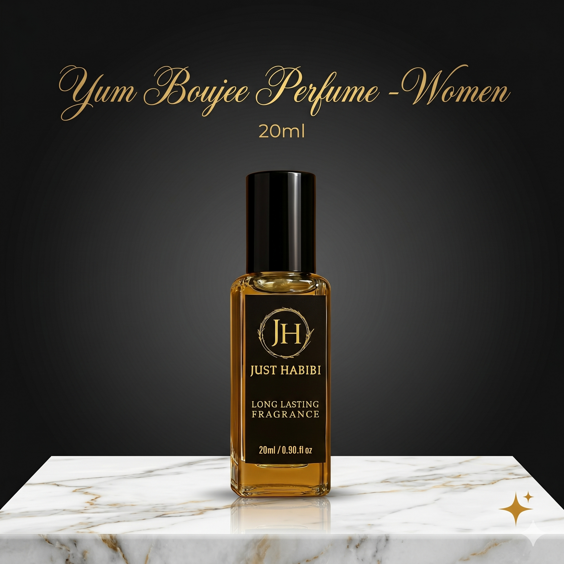 Perfume bottle labeled 'Just Habibi' on a marble surface with a dark background