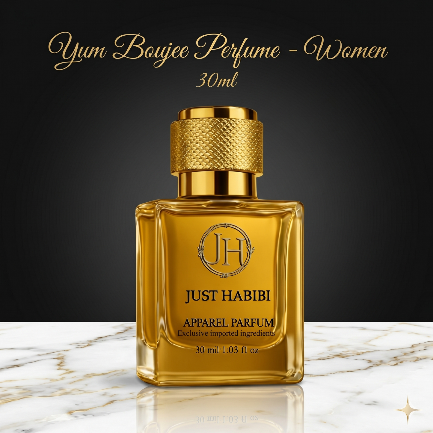 Gold perfume bottle with 'Just Habibi' branding on a marble surface and dark background
