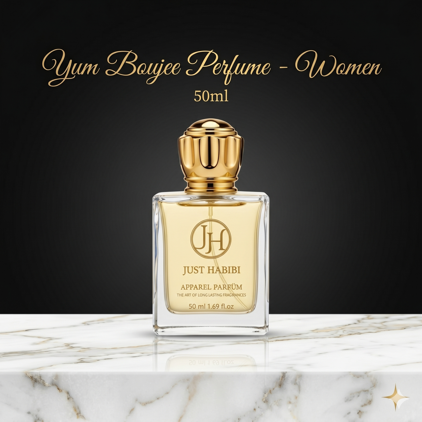 Just Habibi perfume bottle on a marble surface with a dark background