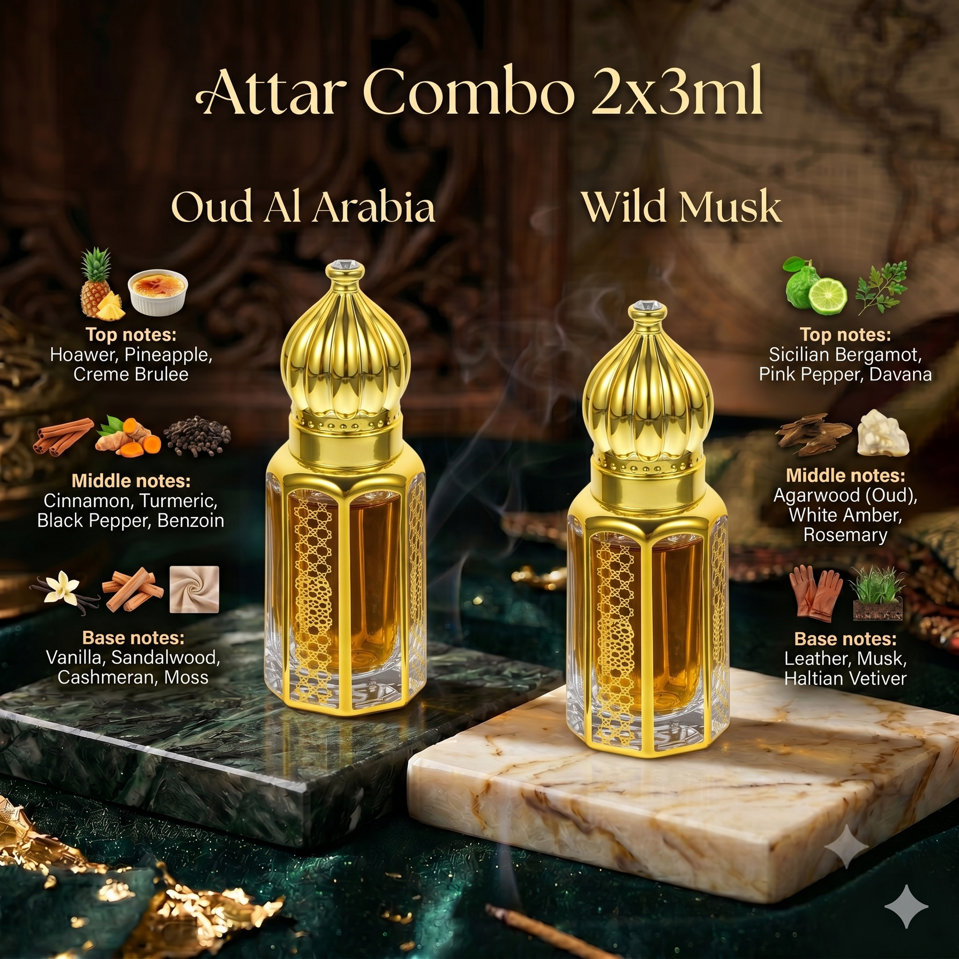 Two Attar bottles labeled 'Oud Al Arabia' and 'Wild Musk' on a dark background with descriptive text.