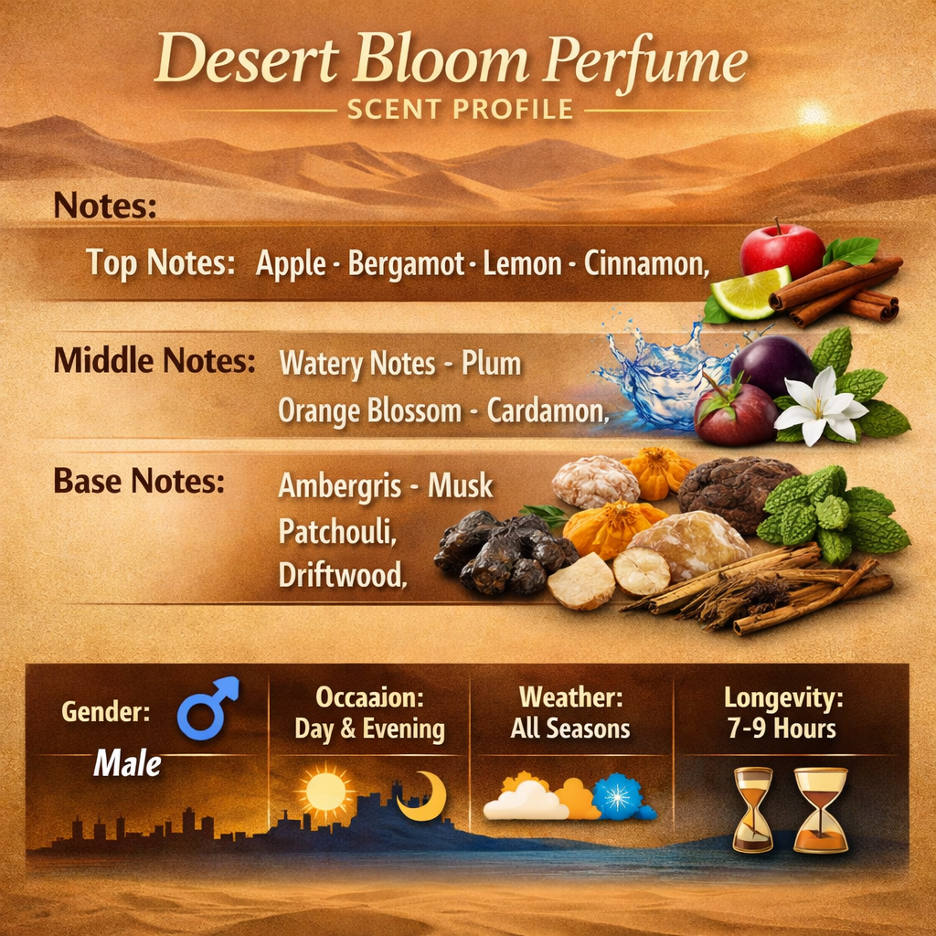 Scent profile — lists all notes (top, middle, base) plus gender and longevity — great for keyword coverage