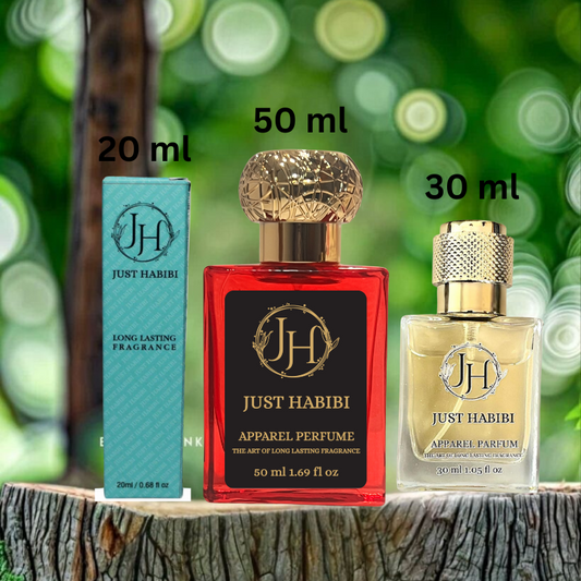 Three bottles of Just Habibi perfume with different capacities 