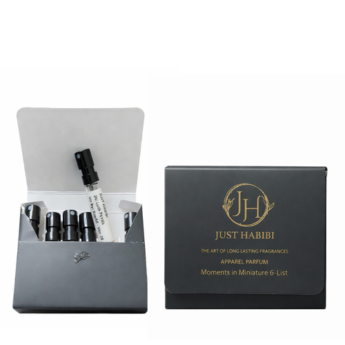 Just Habibi perfume set with a black case and black box on a white background