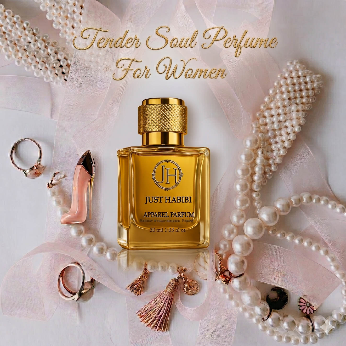 Just Habibi perfume bottle with jewelry on a light background