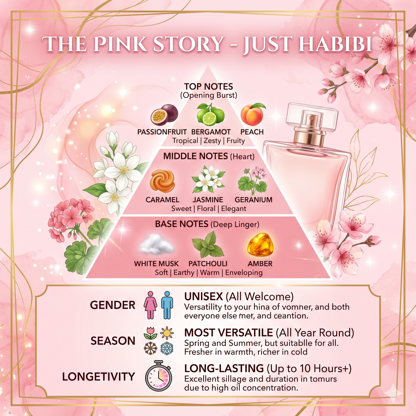 Perfume pyramid with floral elements and product image on a pink background